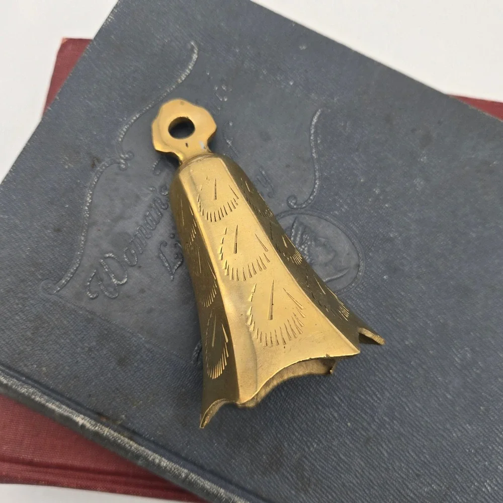 Vintage Small Solid Brass Bell Scalloped Edge Etched Design Meditation Chime 4